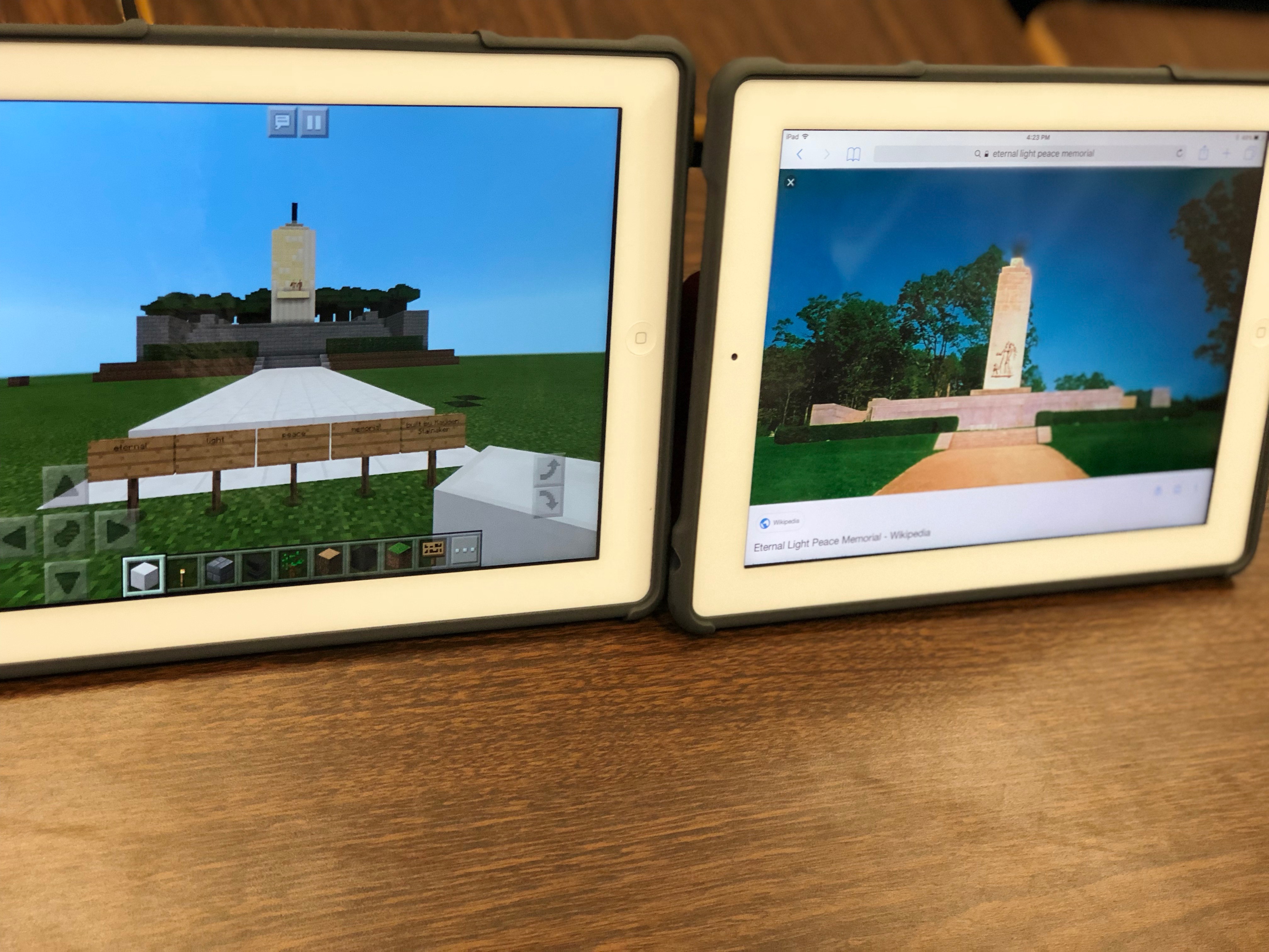 Sample projects with Minecraft.  Minecraft project on the left and the actual photograph on the right.