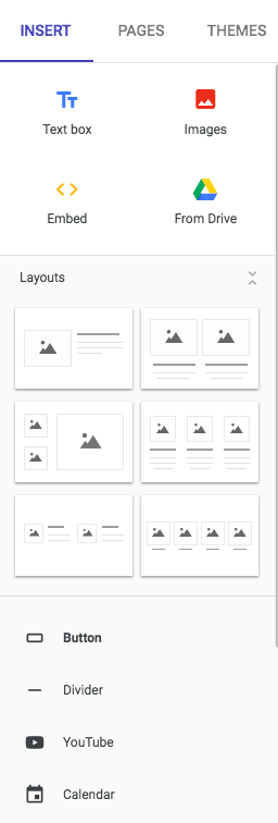 Google Sites side Insert side bar that shows the following icons:  text box, images, embed, from Drive, various layout types, button, divider, YouTube, and Calendar