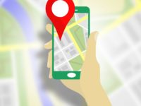 Vector drawing of person holding phone with a map app open