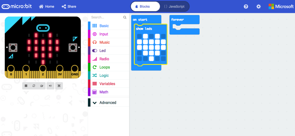 Microbit with image of coded heart and simulator