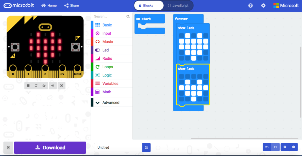 Microbit coded to show blinking heart