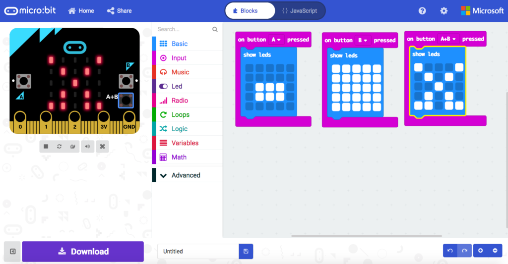 Microbit coded to show rock paper and scissors